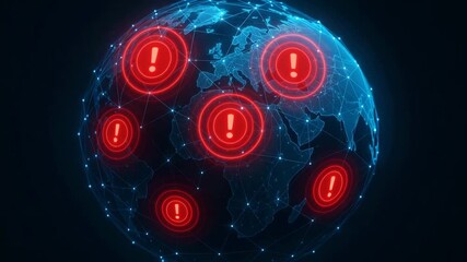 A futuristic digital globe illuminated with red alert icons, symbolizing global connectivity and urgent alerts in technology. - Powered by Adobe
