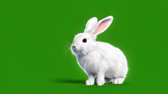 A fluffy white rabbit with pink ears sits attentively against a vibrant green background, showcasing its soft fur and alert posture, a perfect symbol of Easter and spring