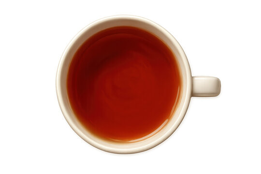 Hot black tea in a white ceramic mug, offering a comforting and refreshing break. Top view, transparent background