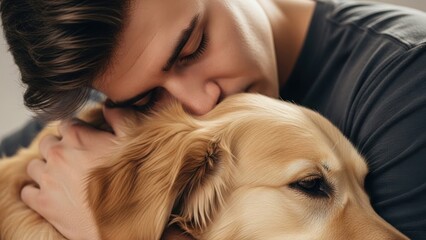 Man hugging dog lovingly, a heartwarming moment between human and golden retriever. Tender embrace shows true companionship, reinforcing special bond between man and dog.
