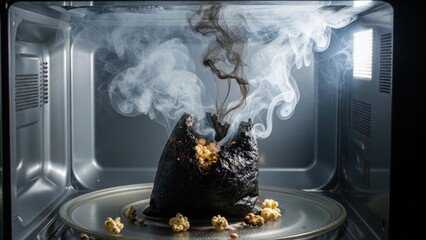 Burnt popcorn inside microwave with billowing smoke showing cooking error, burnt popcorn. Burnt popcorn is an unwanted accident, creating unsafe smoke and potential hazards with charred kernels.