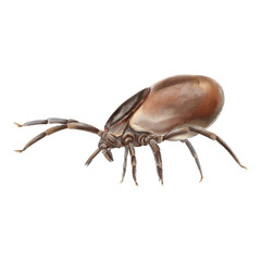Watercolor illustration of the encephalitis tick Ixodes in brown-reddish tones, drawn in scientific style. Illustration for medical content, infographics, repellents and protective products.