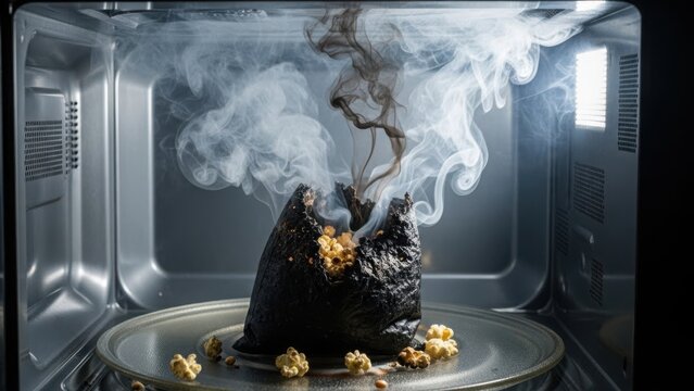Burnt popcorn inside microwave with billowing smoke showing cooking error, burnt popcorn. Burnt popcorn is an unwanted accident, creating unsafe smoke and potential hazards with charred kernels.