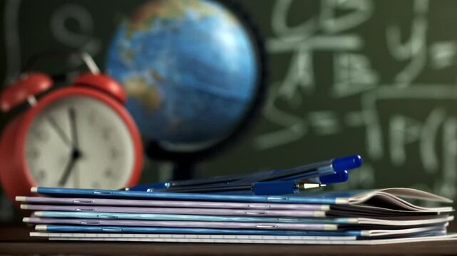 Notebooks and pens fall on the school desk. Filmed on a high-speed camera at 1000 fps. High quality FullHD footage