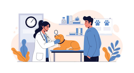 Caring female veterinarian examines a golden retriever dog with a magnifying glass while the concerned owner looks on in the clinic.