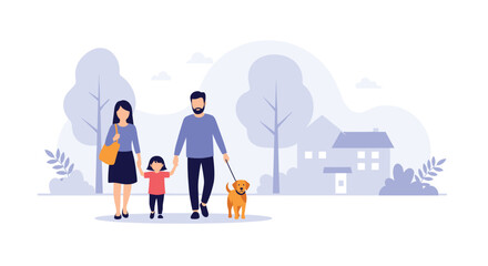 Happy family of a mother, father, and daughter walking their golden retriever dog together in a suburban neighborhood park.