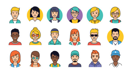 Diverse collection of colorful user avatars in circular frames, showing a variety of ages, ethnicities, and styles for profiles.