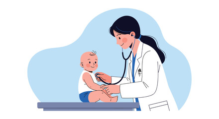 Fototapeta premium Professional female pediatrician listens to a baby's heartbeat with a stethoscope during a routine medical examination at a clinic.