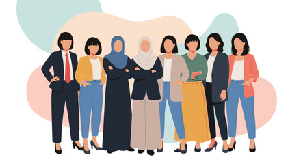 Powerful group of diverse businesswomen and female professionals, including Muslim women in hijabs, standing together confidently.