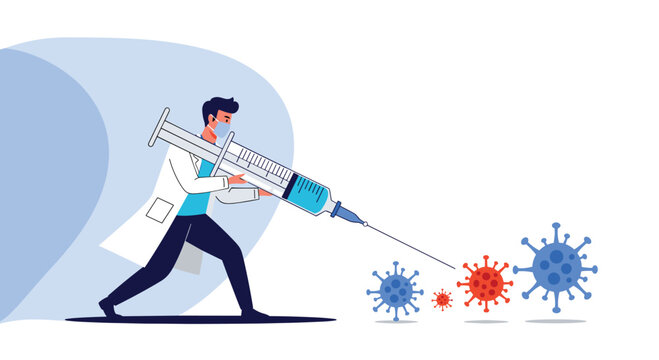 Metaphorical illustration of a brave doctor in a face mask fighting coronavirus cells with a giant vaccine-filled syringe.