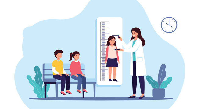 Female pediatrician measures a little girl's height using a stadiometer during a health checkup while other kids wait.