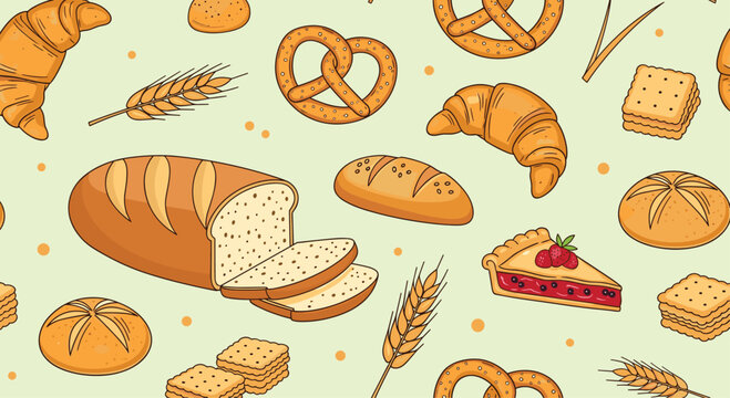 Delicious seamless pattern of assorted bakery goods including sliced bread, croissants, pretzels, and fruit pie on a green background. - Powered by Adobe