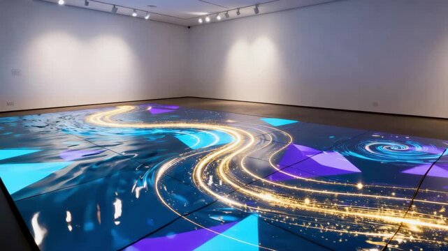 A medium shot showing an interactive floor using projection technology to create flowing animated visuals triggered by movement in an art gallery setting.