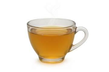 Hot herbal tea steeping in a clear glass cup with steam rising, a comforting liquid beverage on transparent background