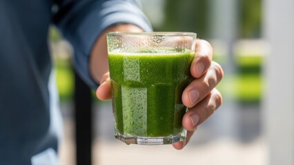 Green smoothie in glass held by person. Refreshing green smoothie contains healthy ingredients to start your day. A glass of green smoothie for healthy lifestyle choices.