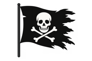 Pirate flag with a white skull and crossbones on torn black fabric, representing danger, warning, and freedom. Transparent background