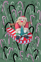 Hand drawn candy canes background are fun at angles. Sizes & colors vary with celebratory pattern. Scatter candy canes fly upward with playful emotions. Santa Claus is sledding in for Christmas.