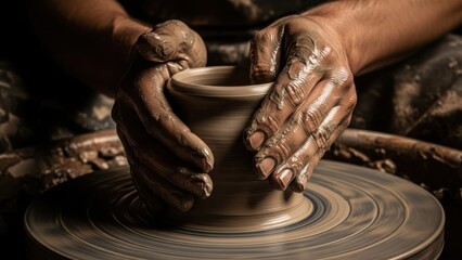 Close up of pottery wheel with person shaping piece of clay. Person shaping clay, using hands and skill to create pottery from raw material.