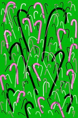 Hand drawn candy canes background are fun at angles. Sizes & colors vary with celebratory pattern. Scatter candy canes fly upward with playful emotions.
