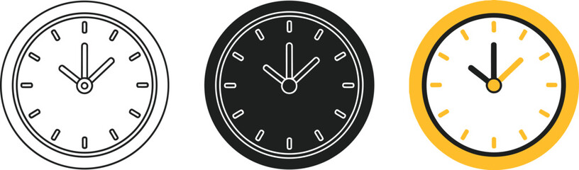 Essential set of three flat design analog clock icons: clean outline, bold solid black, and eye-catching yellow-accented variations, embodying time, deadlines, schedule, and punctuality for diverse di