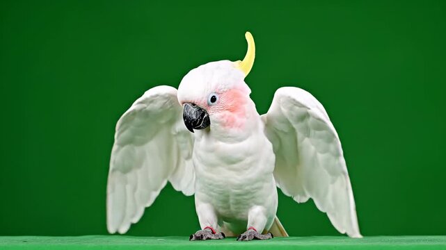 A majestic white cockatoo with its wings gracefully spread, showcasing its vibrant yellow crest against a striking emerald green backdrop, capturing its expressive nature