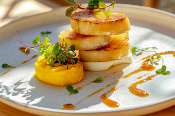 Seared Foie Gras on Corn Arepa with Plantain Puree and Microgreens