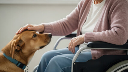 Wheelchair companionship, featuring senior woman petting her dog for comfort and connection. Wheelchair, as symbol of care, provides emotional support and love for woman bonding with pet.