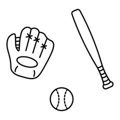 野球のグローブとバットとボールの線画イラスト
