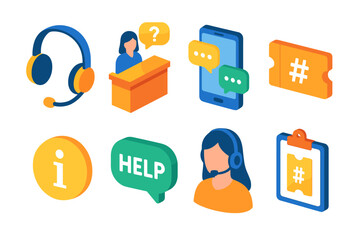 Customer service icons set featuring support desk and communication tools