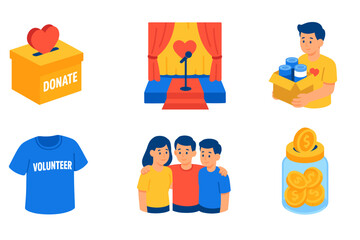 Volunteer efforts: donation box, stage, volunteers, coins, charity work, community support