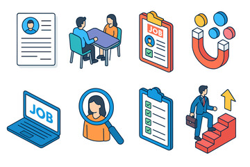 Job application and recruitment process icons with interview and hiring steps