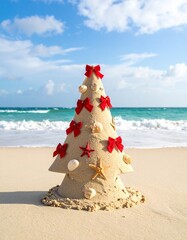 Ein fantasievoll geformter Weihnachtsbaum aus Sand steht auf einem sonnigen, tropischen Strand