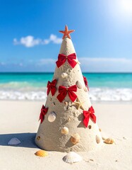 Ein fantasievoll geformter Weihnachtsbaum aus Sand steht auf einem sonnigen, tropischen Strand