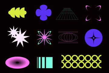 Set of neon abstract shapes in futuristic Y2k style. The set includes glowing dynamic futuristic forms. Vector illustration.