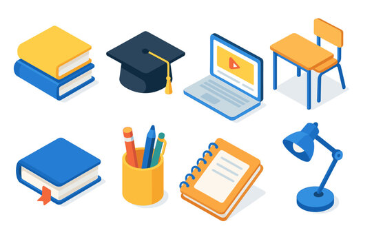 Education icon set with books, graduation cap, laptop, chair, stationery, notebook, desk lamp