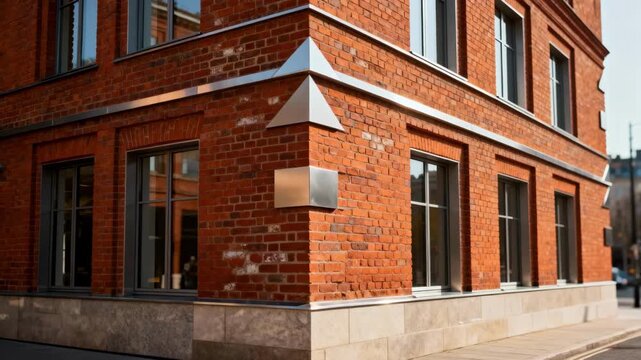 View of a sleek building exterior with classic red brick cladding arranged in a traditional pattern blending timeless appeal with modern design elements.