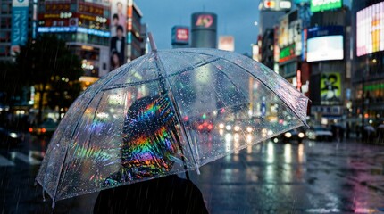 A moody cinematic photograph captures a person holding a transparent bubble umbrella covered in iridescent water droplets against a blurred cityscape at dusk. Vibrant neon lights from the urban
