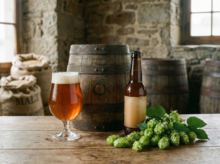rustic beer scene with ingredients, traditional craft brewery setting with hops and barrels
