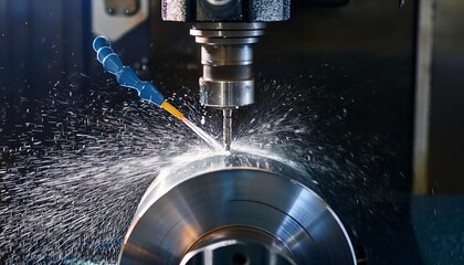 metalworking machine precisely cuts a cylindrical metal workpiece spraying coolant