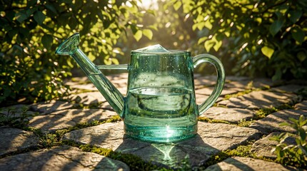 A photorealistic image depicts a classic, transparent sea-green glass watering can, half-filled with clear water, resting on a rustic stone patio. Golden hour sunlight streams through lush green