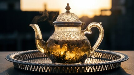 A delicate, ornate Moroccan teapot made of intricate, transparent filigree glass, filled with blooming jasmine tea and gently steaming on a silver tray, dramatically backlit by a warm setting sun that