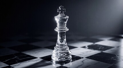 An intricately carved Staunton chess king, sculpted from flawless ice-clear quartz crystal, stands alone on a black and white marble chessboard. Dramatic, low-key lighting highlights its sharp facets,