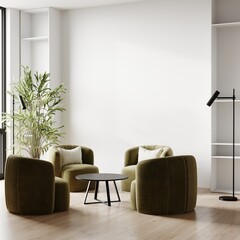 Luxury premium living room with four olive green armchairs. Painted accent Cloud Dancer color 2026 trend empty wall for art. Light room interior design. Mockup space color year modern lobby. 3d render