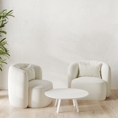 Cloud dancer trend color of the year 2026 in the luxury living lounge. Textured mockup wall - white palster background. Template modern room design interior home. Accent furniture. 3d render