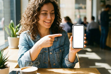 brunette freelancer in denim jacket sharing app expertise over coffee and laptop