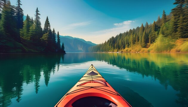 kayaking on a calm lake surrounded by forested hills