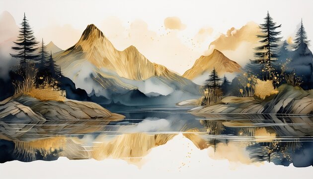 serene watercolor landscape depicting majestic mountains reflected in a tranquil lake adorned with subtle gold accents - Powered by Adobe
