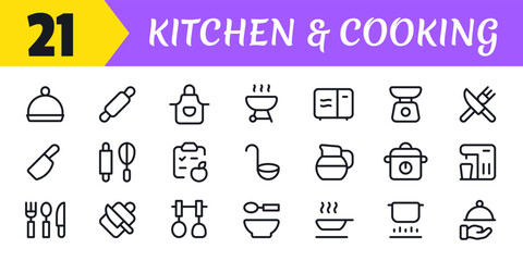 Restaurant Food icon set, sign and symbol,  Fork, spoon, knife, plate, chef hat, and cloche or tray icon Vector illustration.	