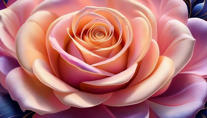 close up of a vibrant digitally painted rose soft peachy pink petals with subtle hints of lavender and gold delicate layered petals radiate outward from a central core
