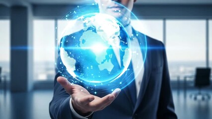 Confident businessman holding glowing digital earth with global network connections in modern office - Powered by Adobe